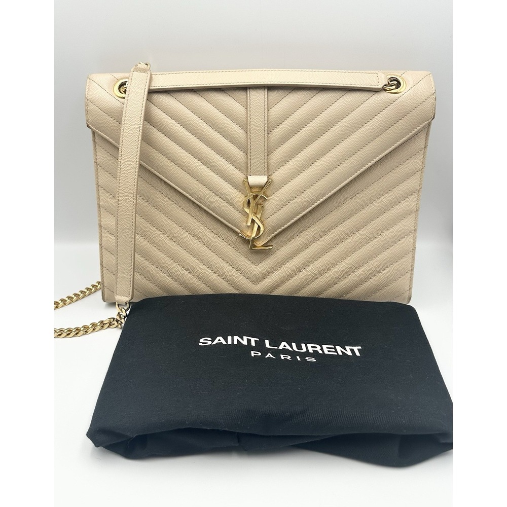 SAINT LAURENT Grain De Poudre Matelasse Chevron Large Monogram Satchel Bag Cream